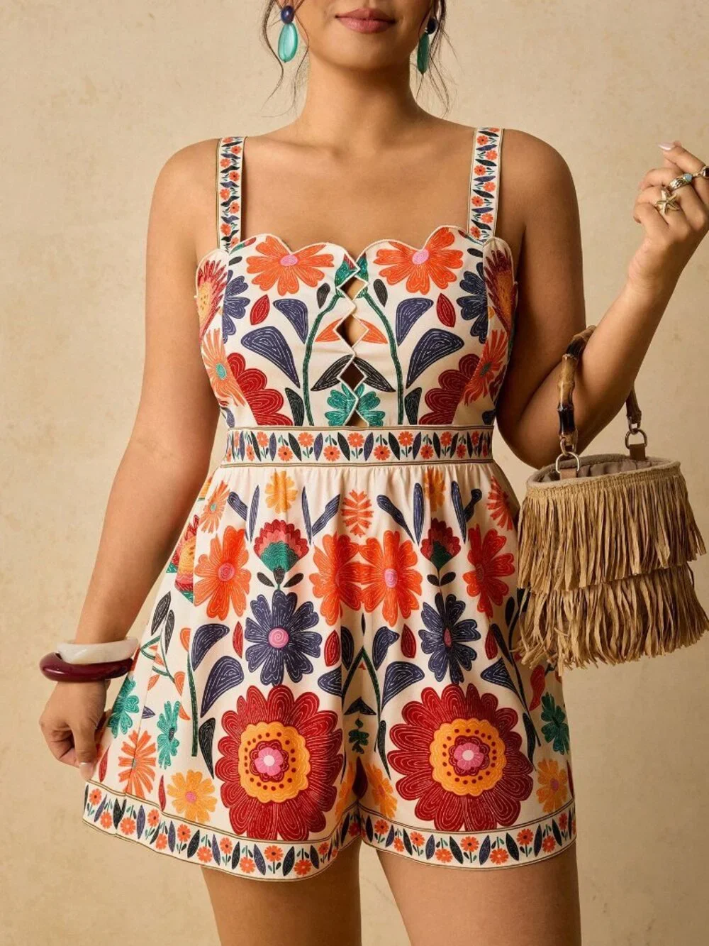 Multicolor Boho Women's Plus Size Floral Print Romper